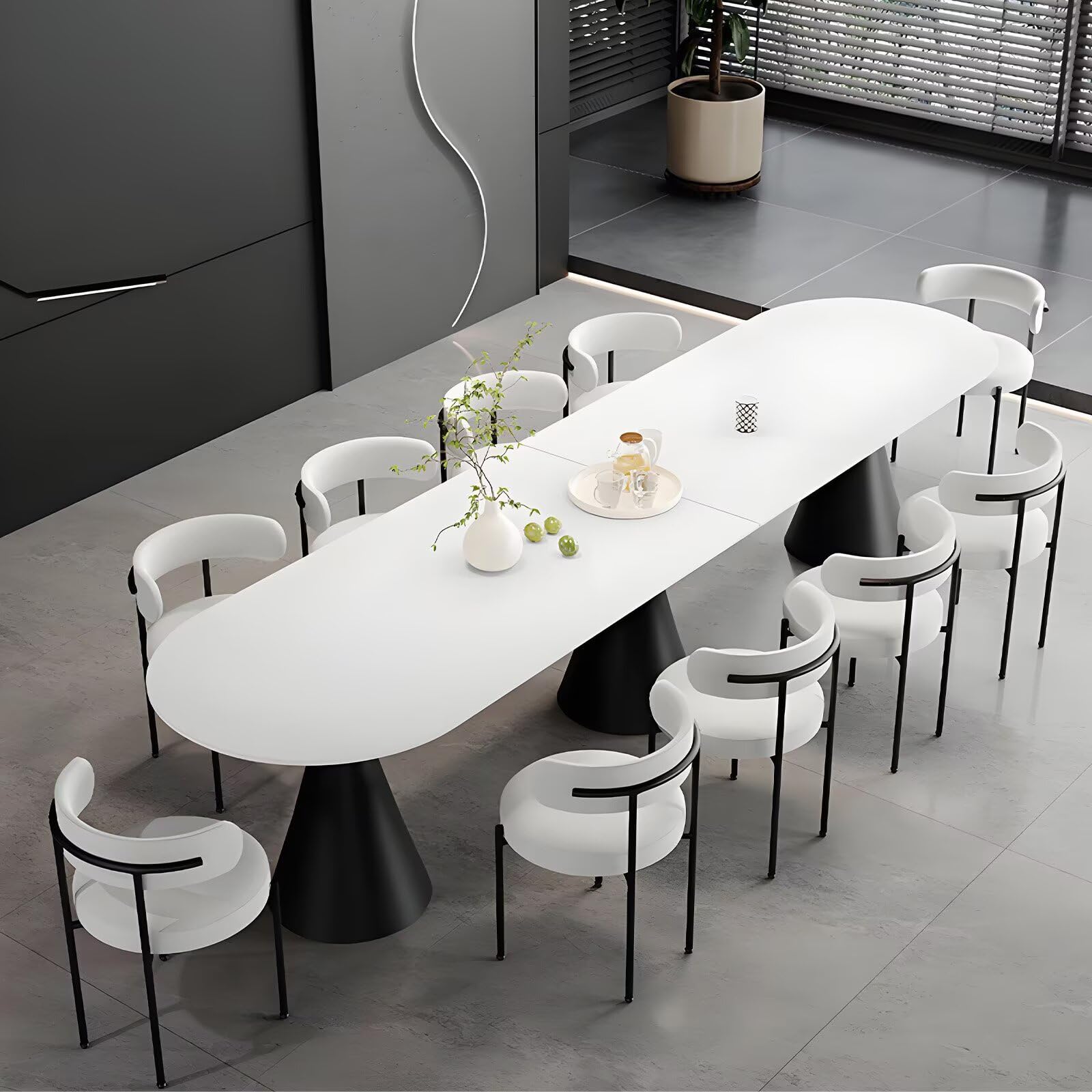 62"-78"Large Capacity Dining Table, Sleek White Oval Top with Modern Cone Base for 8-10