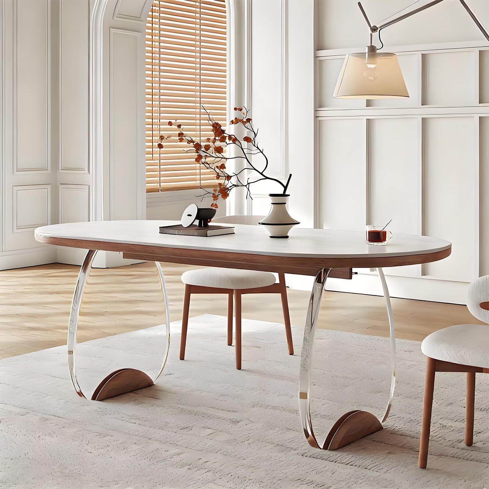 62"-78"Modern Oval Dining Table with Sintered Stone Top & Acrylic Legs for 4-6 People