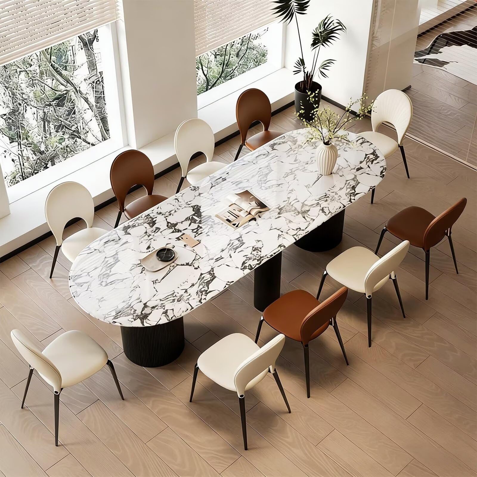 62"-78"Luxury Oval Dining Table with Veined Marble Top & Black Fluted Base for 8-10