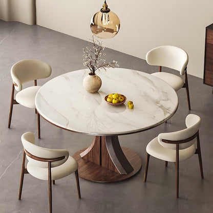 62"-78"Round Marble Dining Table with Wood Base, Modern Sintered Stone Table for 4-6