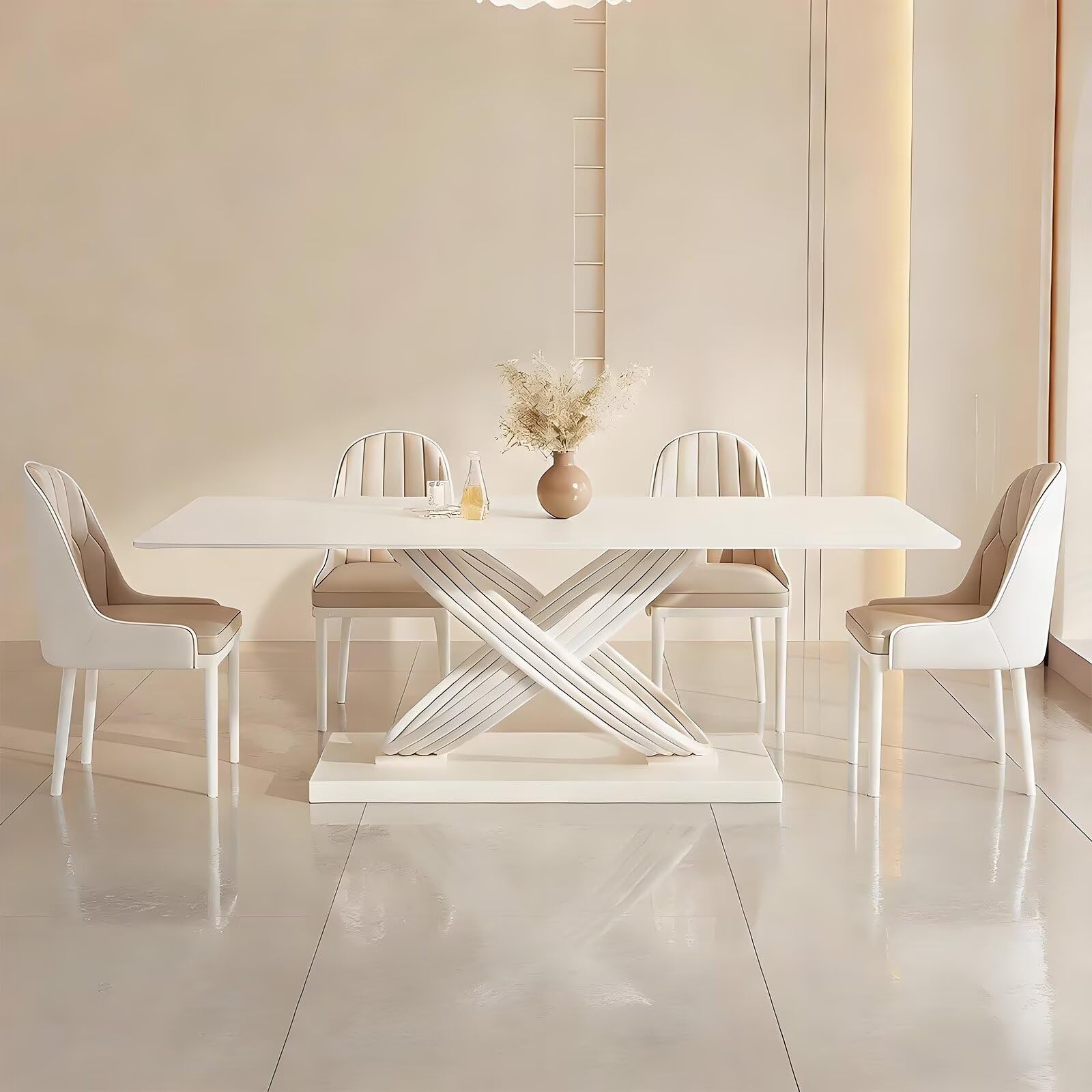 62"-78"Modern Cream White Dining Table with Unique X-Shaped Base