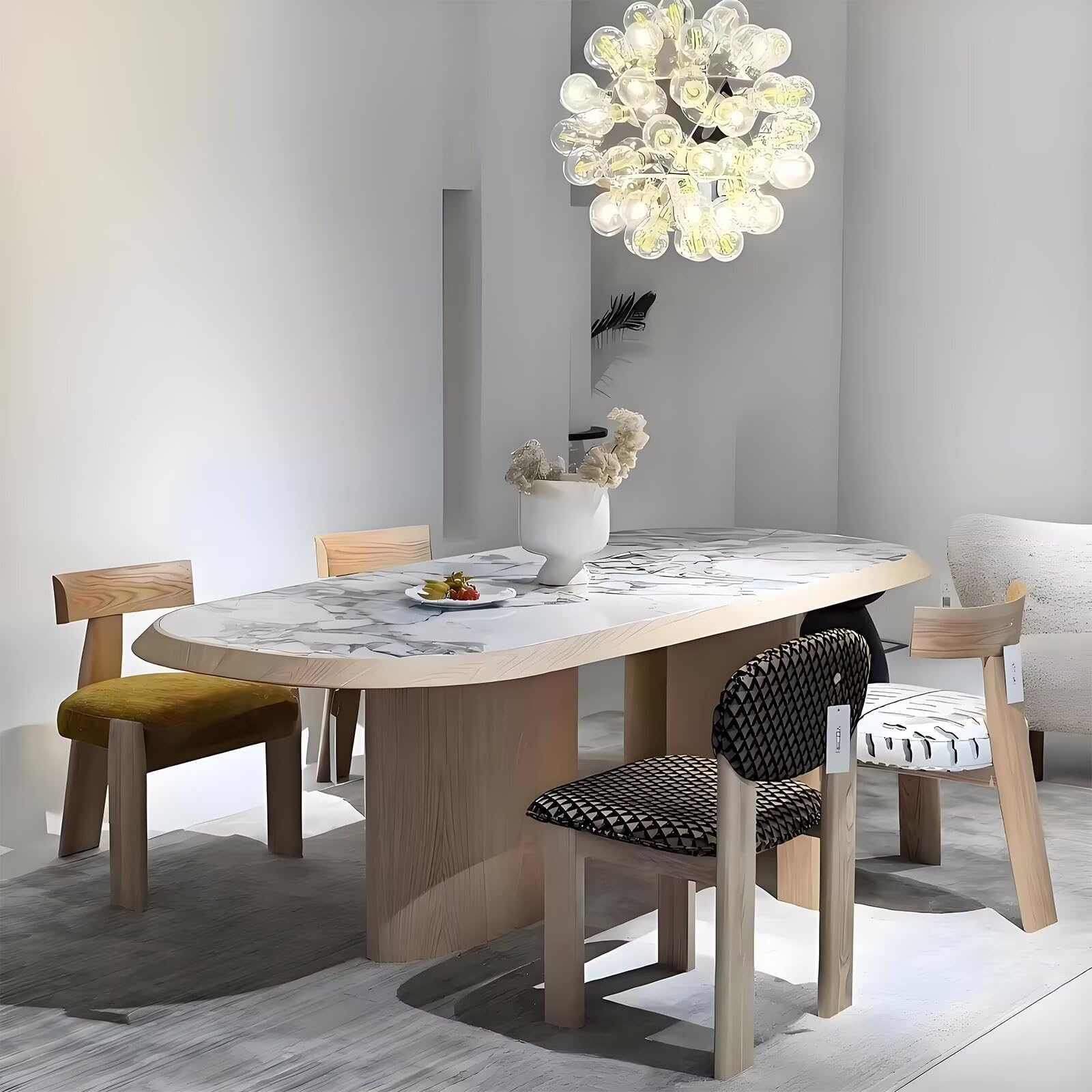 62"-78"Modern Oval Dining Table with Marble Top & Light Wood Base for 6-8 People