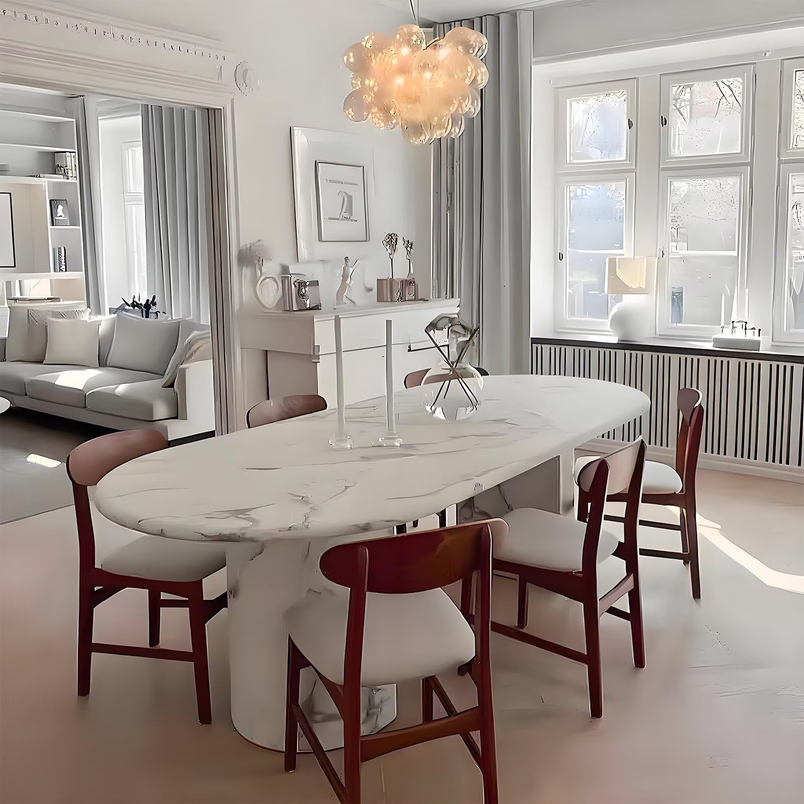 62"-78"Luxury Oval Dining Table with Marble Top & Pedestal Base for 6-8 People