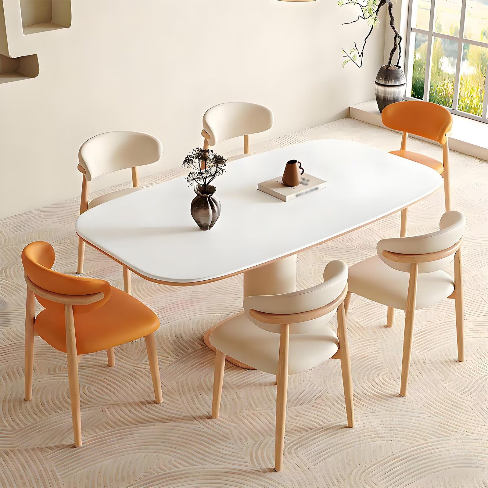62"-78"Contemporary Mid-Century Dining Table, Neutral Tone with Wood Accents
