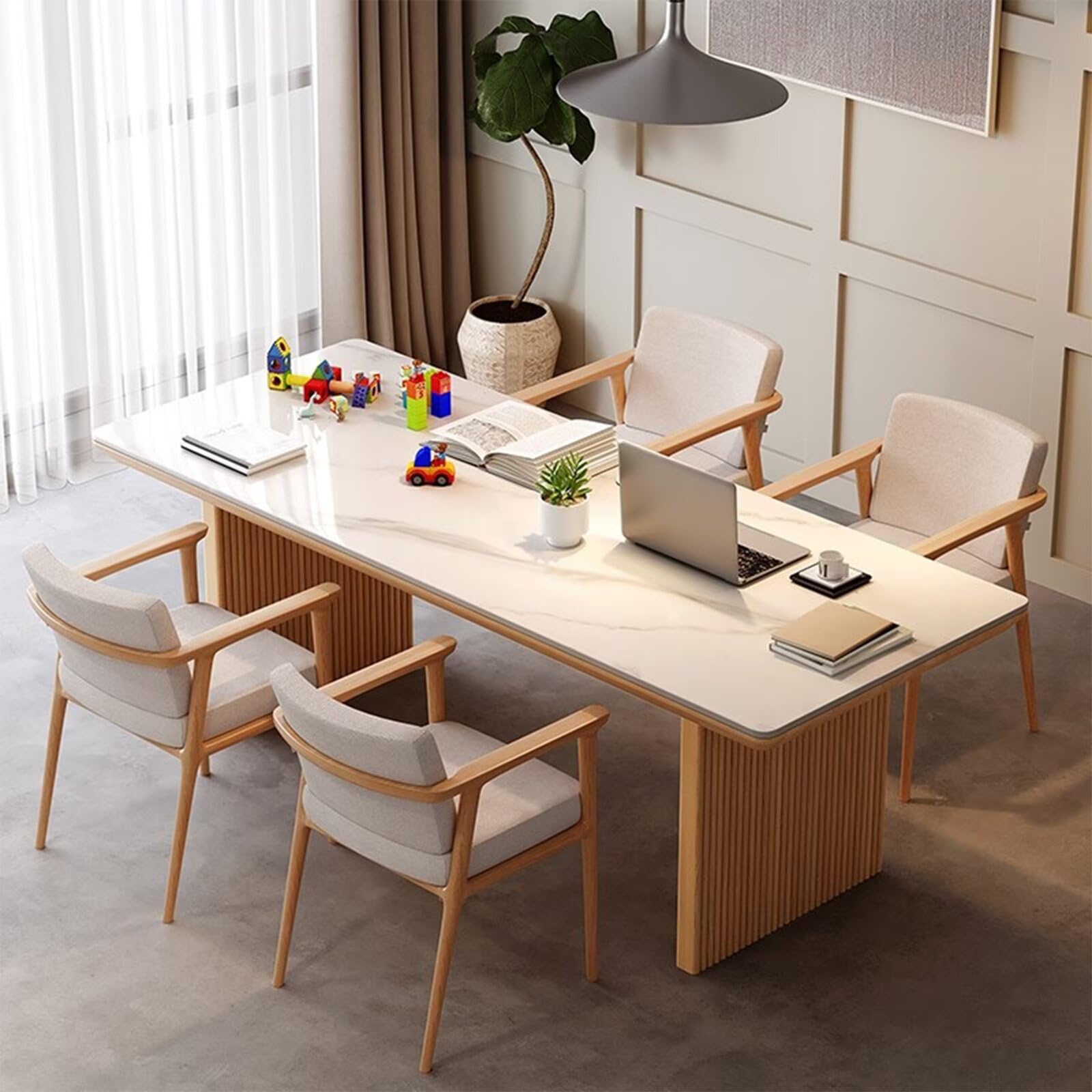 62"-78"Modern Dining Table with Marble Top & Light Wood Fluted Base for 6-8 People