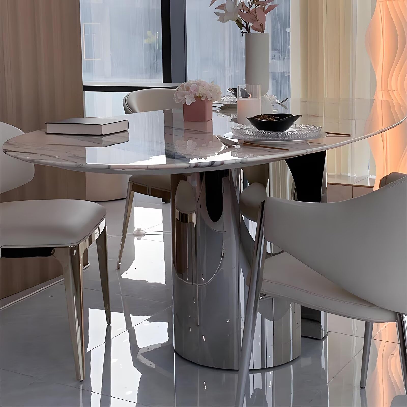 62"-78"Luxury Round Dining Table with Marble Top & Polished Chrome Base for 4-6