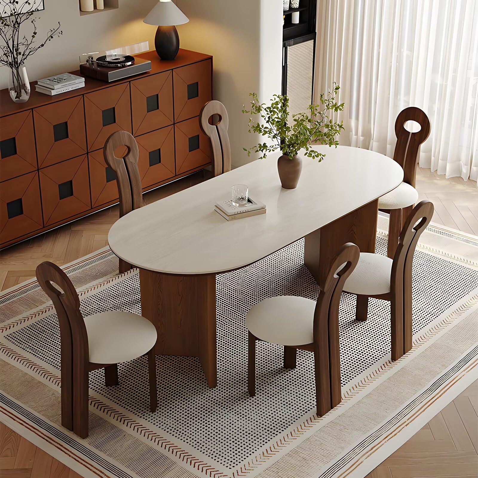 62"-78"Retro Modern Dining Table, Rounded Oval Top with Dark Wood Base for 4-6