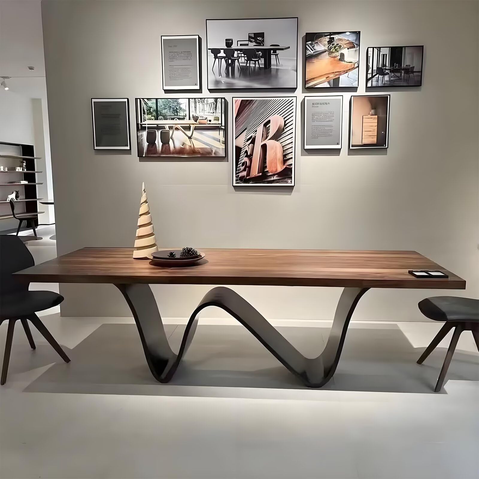 62"-78"Modern Rectangular Dining Table with Walnut Top & Sculptural Wavy Metal Base