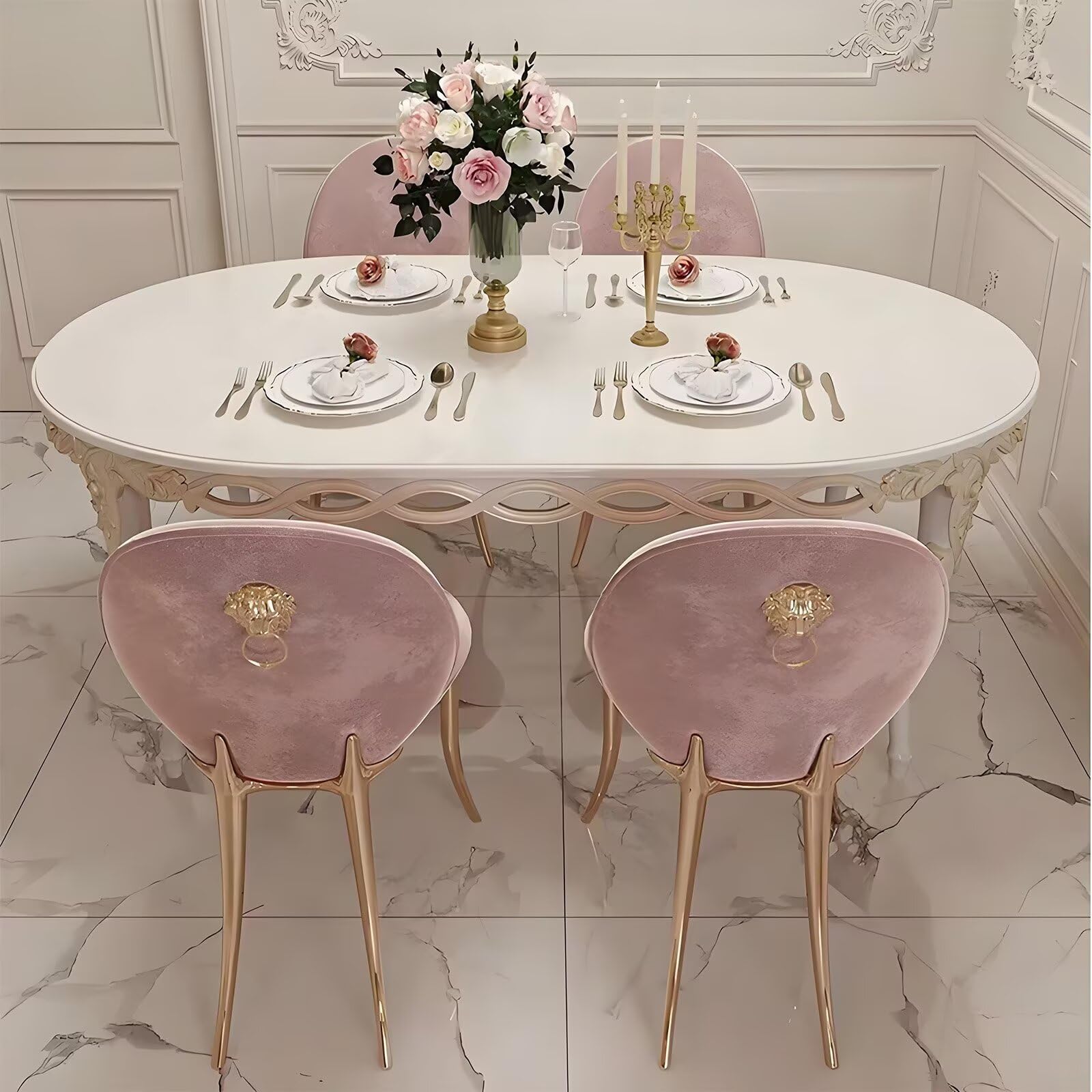 62"-70"Ornate Cream Dining Table, Oval with Intricate Wood Carvings for Formal Events
