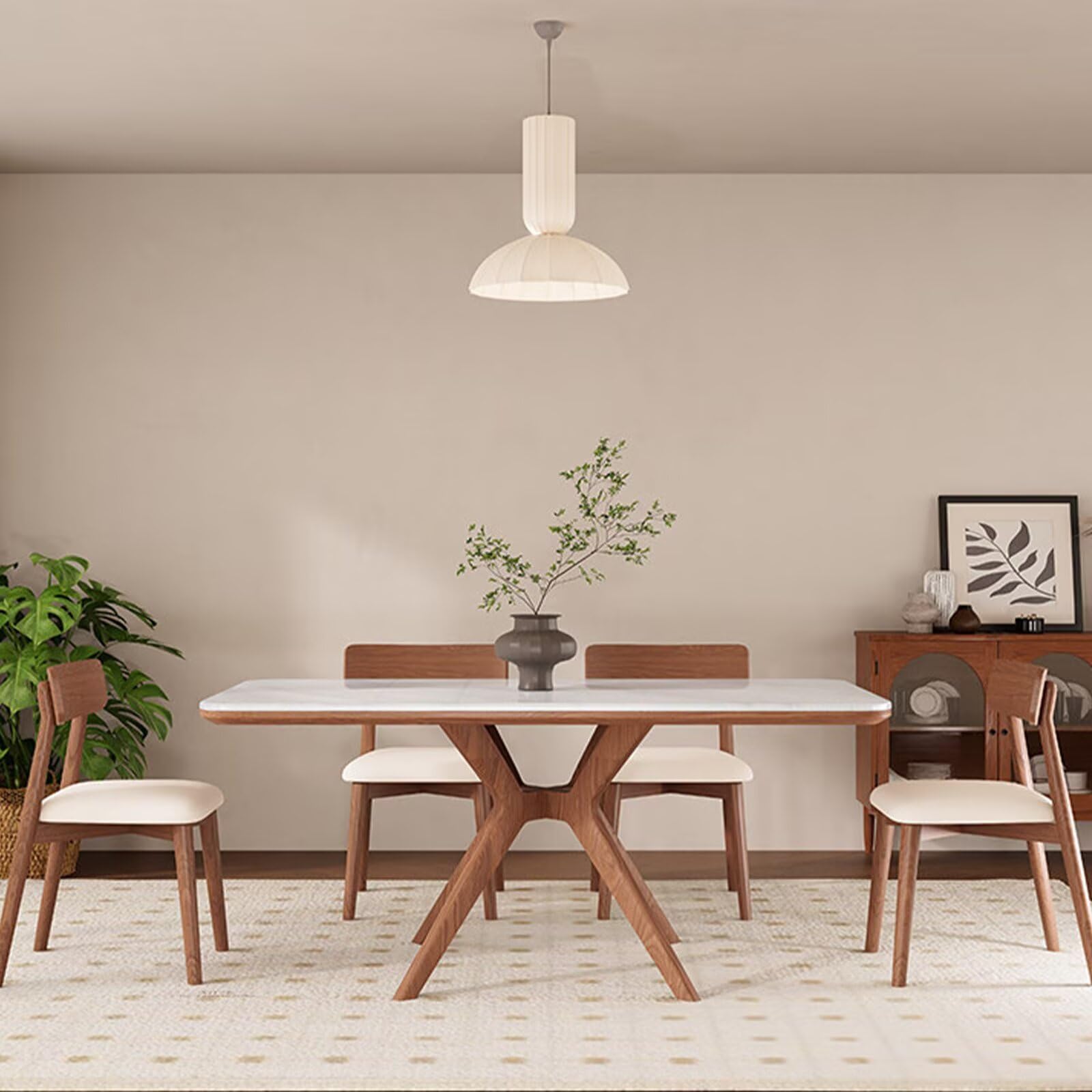 62“-78”Minimalist Scandinavian Dining Table, White Veined Top with Natural Wood Frame