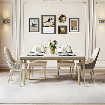62"Luxury White Sintered Stone Dining Table with Gold Trim for 4-6 People