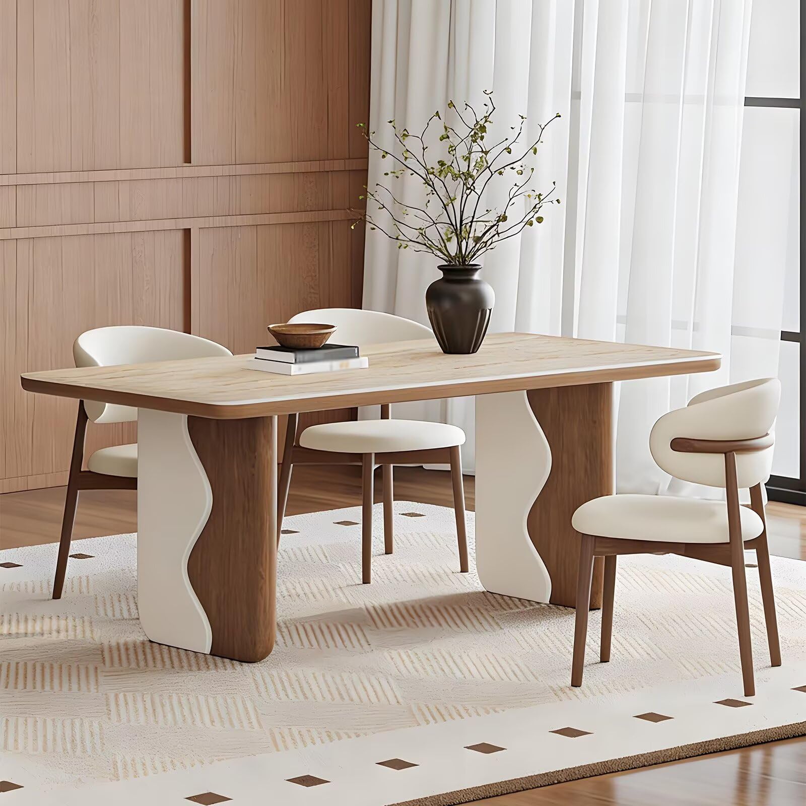 62"-70"Contemporary Cream Wood Dining Table, Stylish Wavy Legs for Dining Room