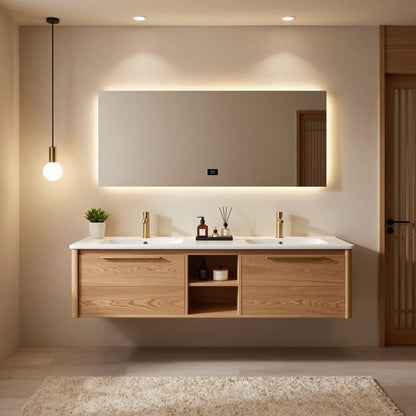 60“-84“Floating Oak Bathroom Vanity with Double Sinks, LED Mirror & Storage