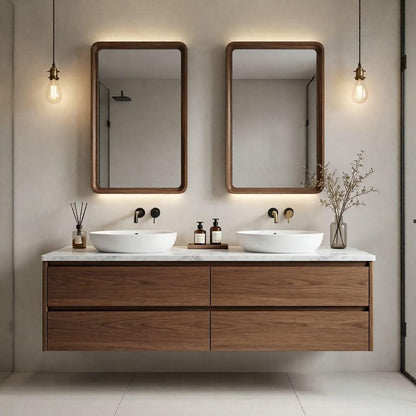 60"-84"Modern Wall-Mounted Bathroom Vanity with White Countertop & Double Vessel Sinks