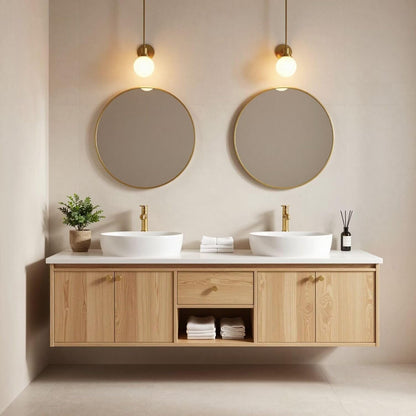60”-84” Double Sink Floating Vanity with Gold Round Mirrors