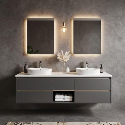 60"-84"Modern Dark Gray Floating Bathroom Vanity with Double Sinks & LED Backlit Mirrors