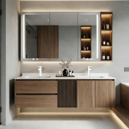 60”-96” Light Oak Floating Bathroom Vanity with Double Sinks & LED Mirror Cabinet