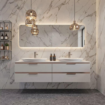 60”-84”Modern Double Sink Floating Vanity with LED Mirror, White Cabinet & Rose Gold Trim