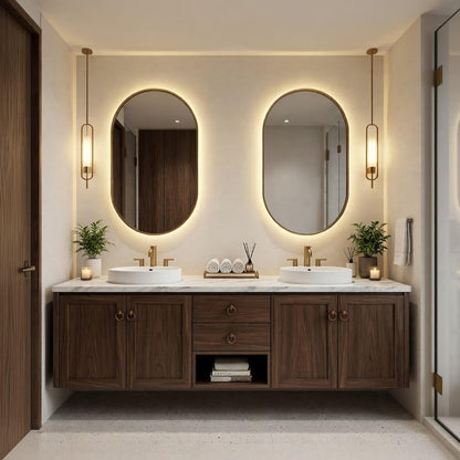 60"-84"Luxury Walnut Bathroom Vanity with Undermount Sinks & Backlit Oval Mirrors