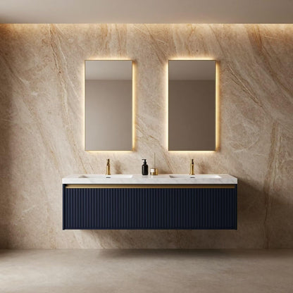 60"-84"Navy Blue Fluted Floating Bathroom Vanity with Double Sinks & LED Mirrors