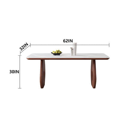 62"-70"Modern Mid-Century Dining Table with Marble Top & Unique Wood Base for 4-6