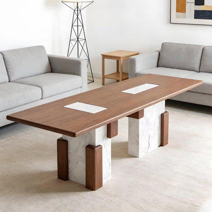 62"-78"Modern Rectangular Dining Table with Wood Top & Marble Block Base for 6-8