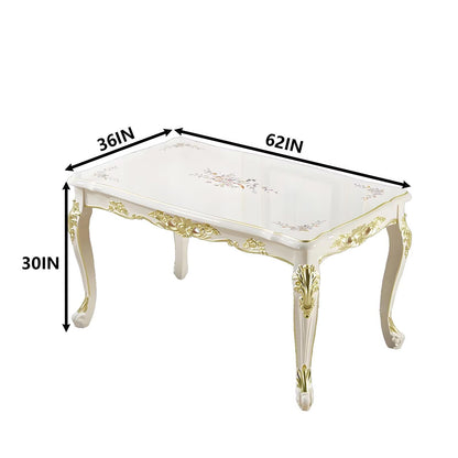 55"-62"Ornate European Dining Table, Cream White with Gold Accents & Curved Legs