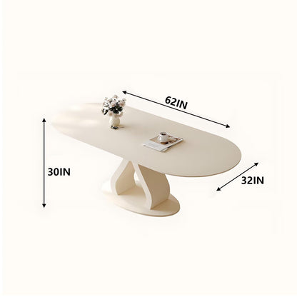 62"-78“Modern Cream White Oval Dining Table with Unique Sculptural Base for 4-6