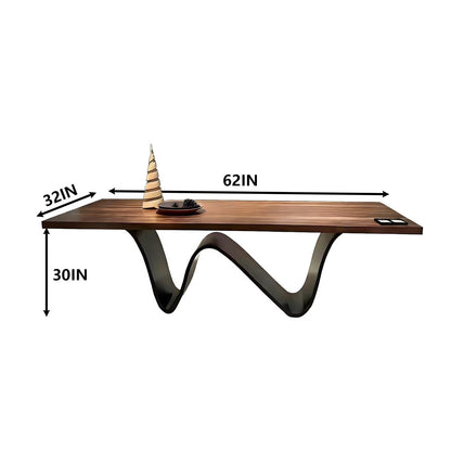 62"-78"Modern Rectangular Dining Table with Walnut Top & Sculptural Wavy Metal Base