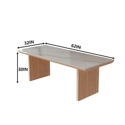 62"-78"Modern Dining Table with Marble Top & Light Wood Fluted Base for 6-8 People
