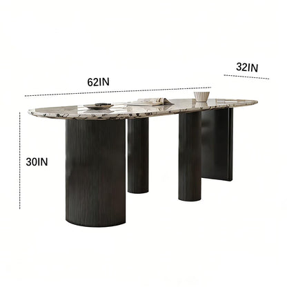 62"-78"Luxury Oval Dining Table with Veined Marble Top & Black Fluted Base for 8-10