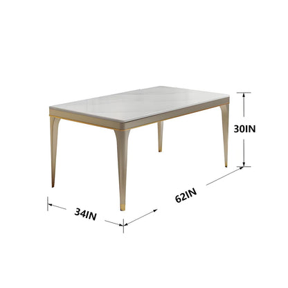 62"Luxury White Sintered Stone Dining Table with Gold Trim for 4-6 People