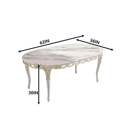 62"-70"Ornate Cream Dining Table, Oval with Intricate Wood Carvings for Formal Events