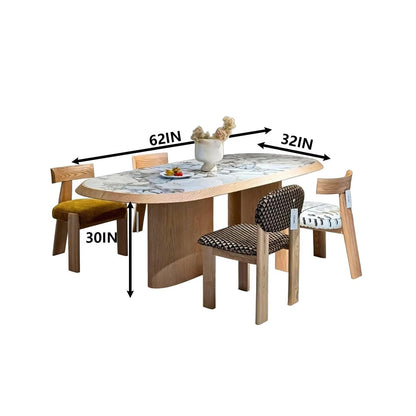 62"-78"Modern Oval Dining Table with Marble Top & Light Wood Base for 6-8 People