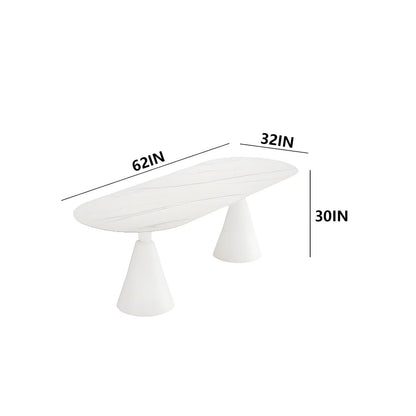 62"-78"Modern Oval Dining Table with White Marble Top & Cream Cone Base for 6-8