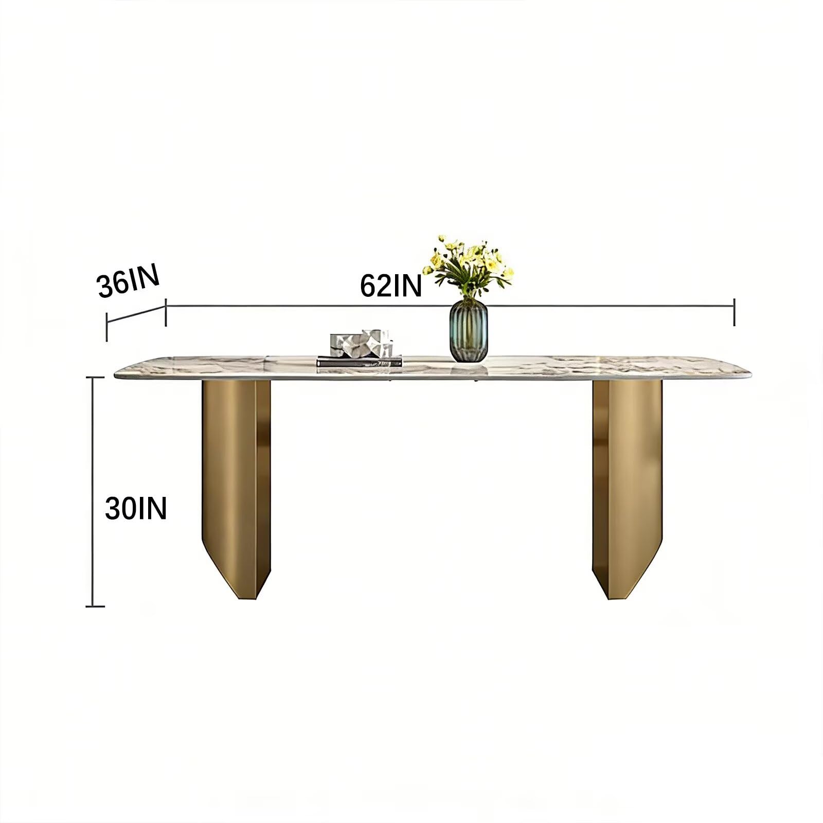 60"-70"Luxury Rectangular Dining Table with Marble Top & Gold Base for 6 People