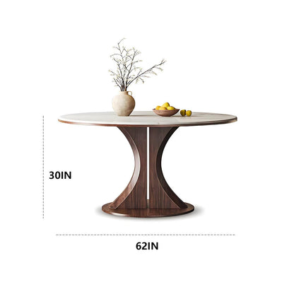 62"-78"Round Marble Dining Table with Wood Base, Modern Sintered Stone Table for 4-6