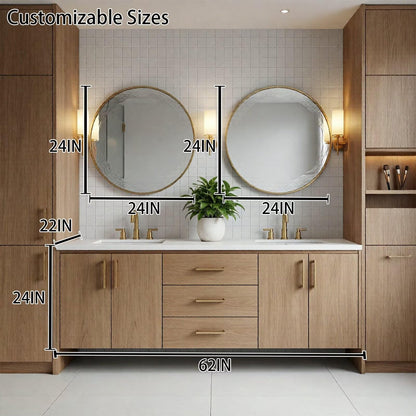 60"-96"Modern Light Oak Floating Bathroom Vanity with Double Sinks & Marble Top