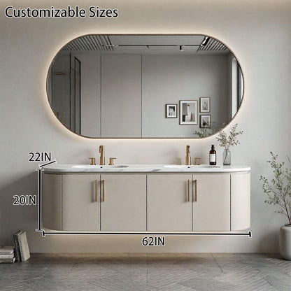 60"-96"Modern Wall-Mounted Bathroom Vanity with Double Sinks & Gold Hardware