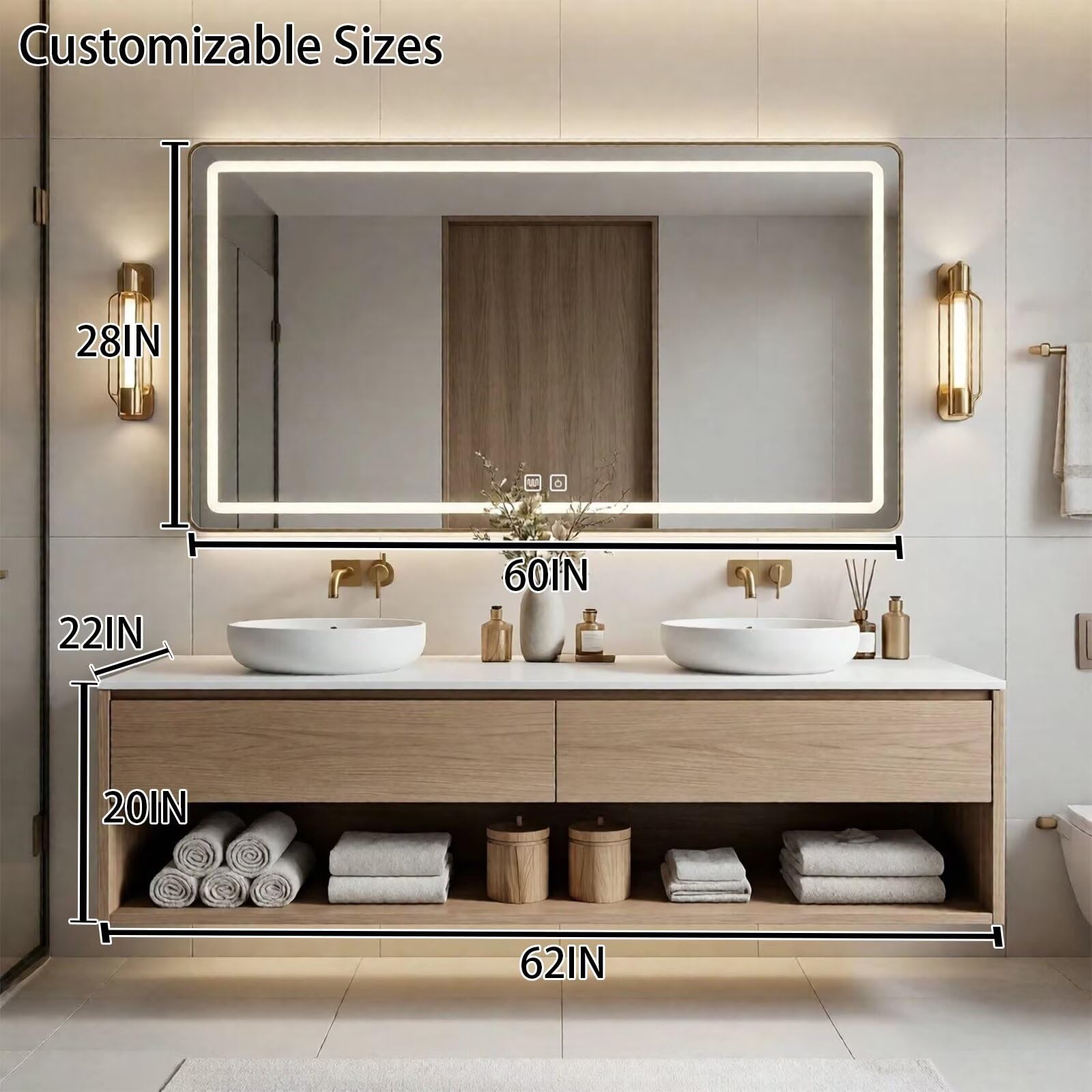 60“-96”Modern Floating Bathroom Vanity with Open Shelf & Gold Hardware