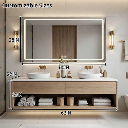 60“-96”Modern Floating Bathroom Vanity with Open Shelf & Gold Hardware