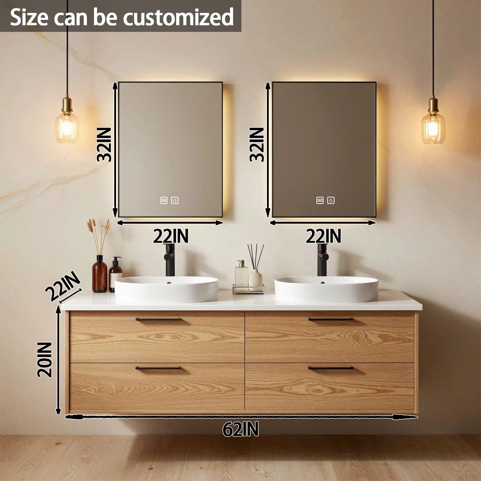 60"-84"Light Oak Floating Bathroom Vanity Set with LED Mirrors & Black Handles