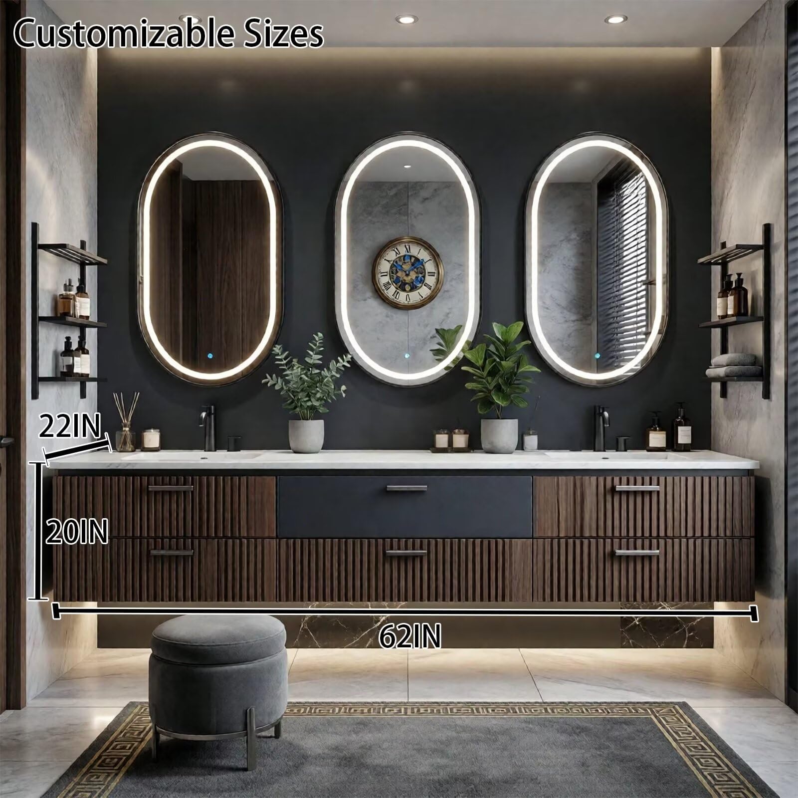 60"-96"Contemporary Fluted Bathroom Vanity with Double Sinks & Storage Drawers