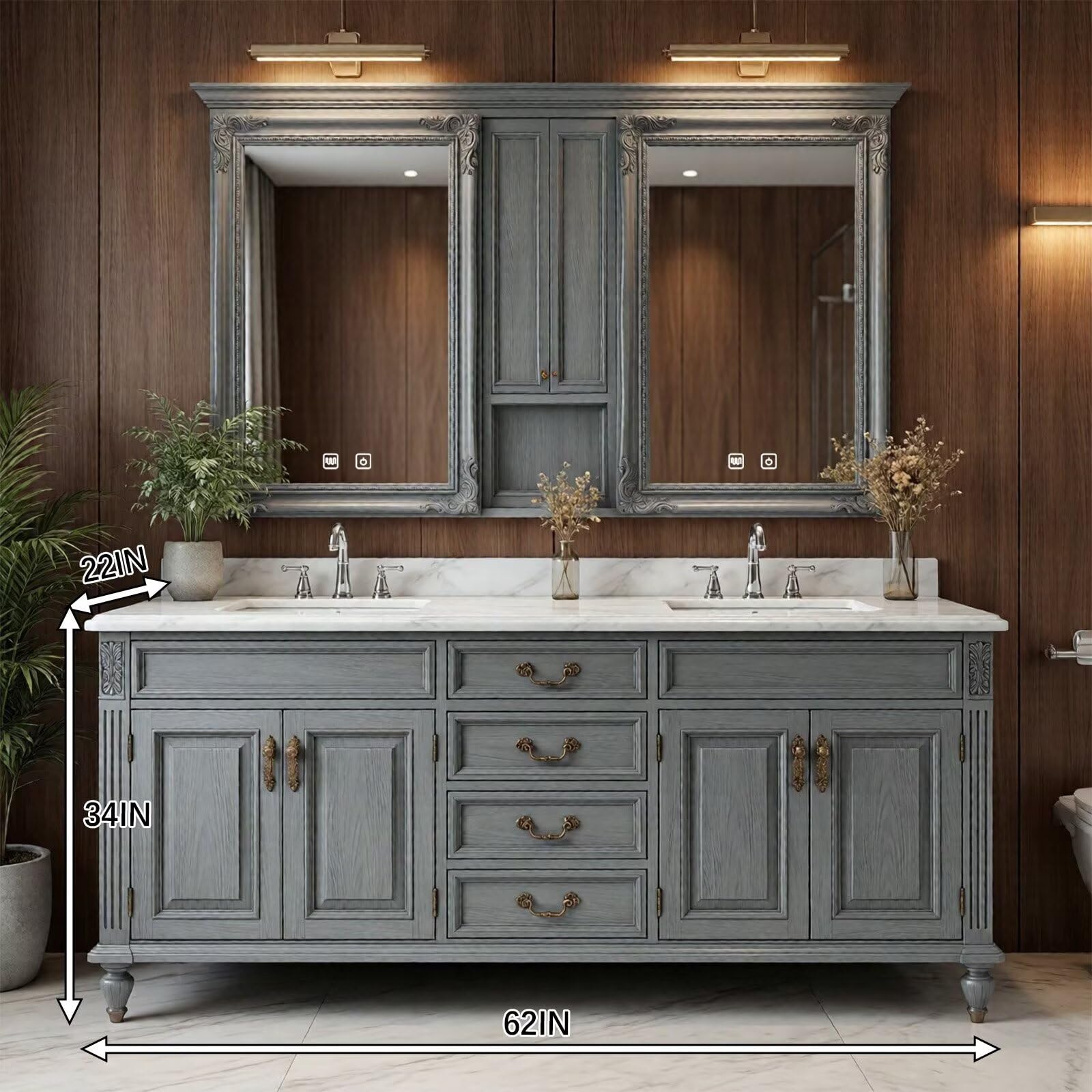 60”-112” Gray Traditional Bathroom Vanity with Double Sinks & Marble Top