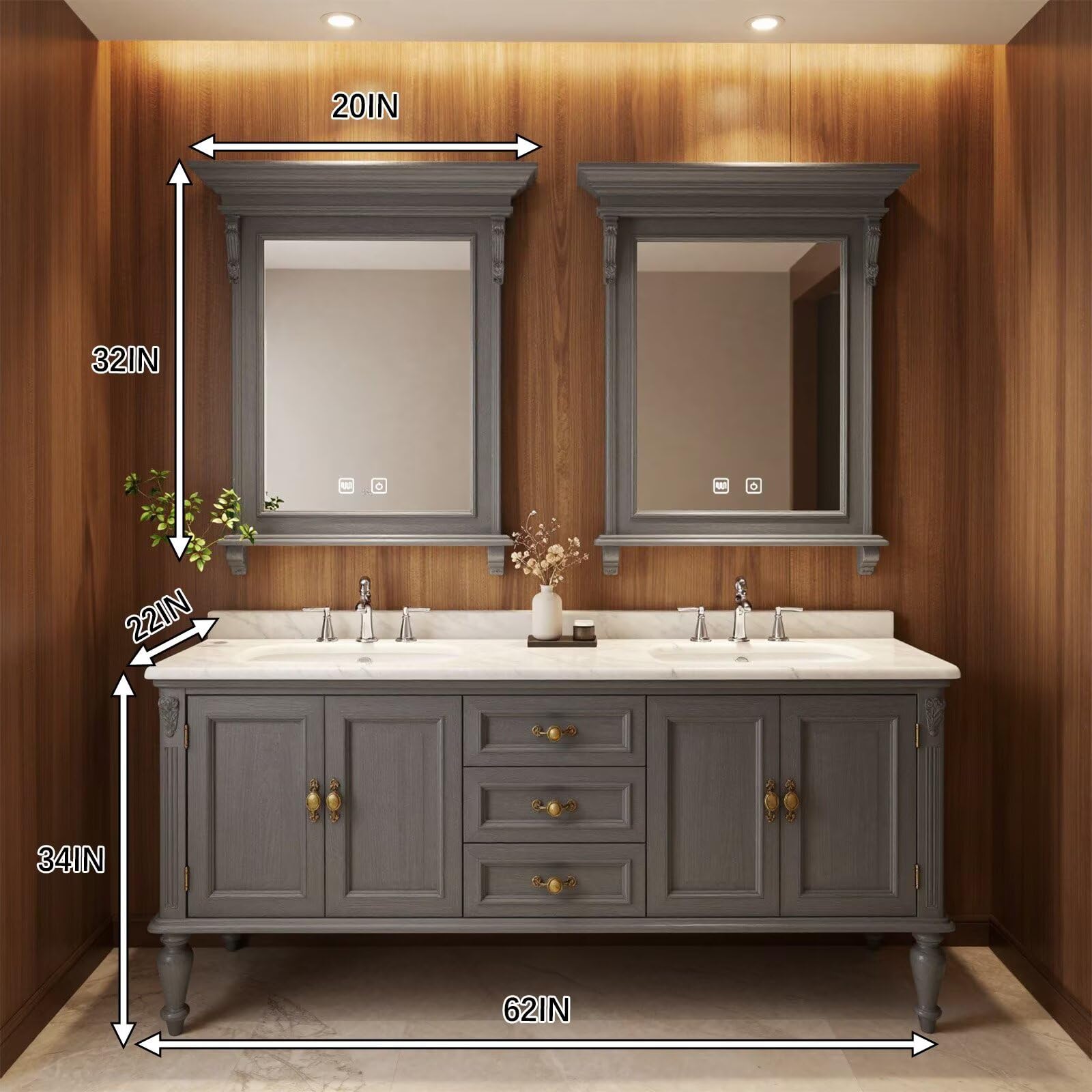 60”-112”Grey Bathroom Vanity with Double Sinks, Marble Countertop and Storage Cabinets