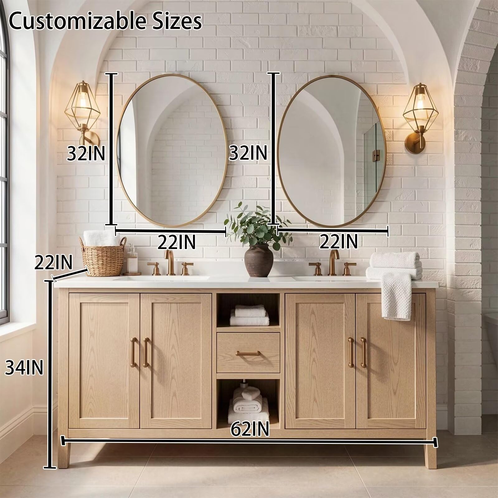 60"-96"Light Oak Bathroom Vanity with Double Sinks & Gold Framed Oval Mirrors