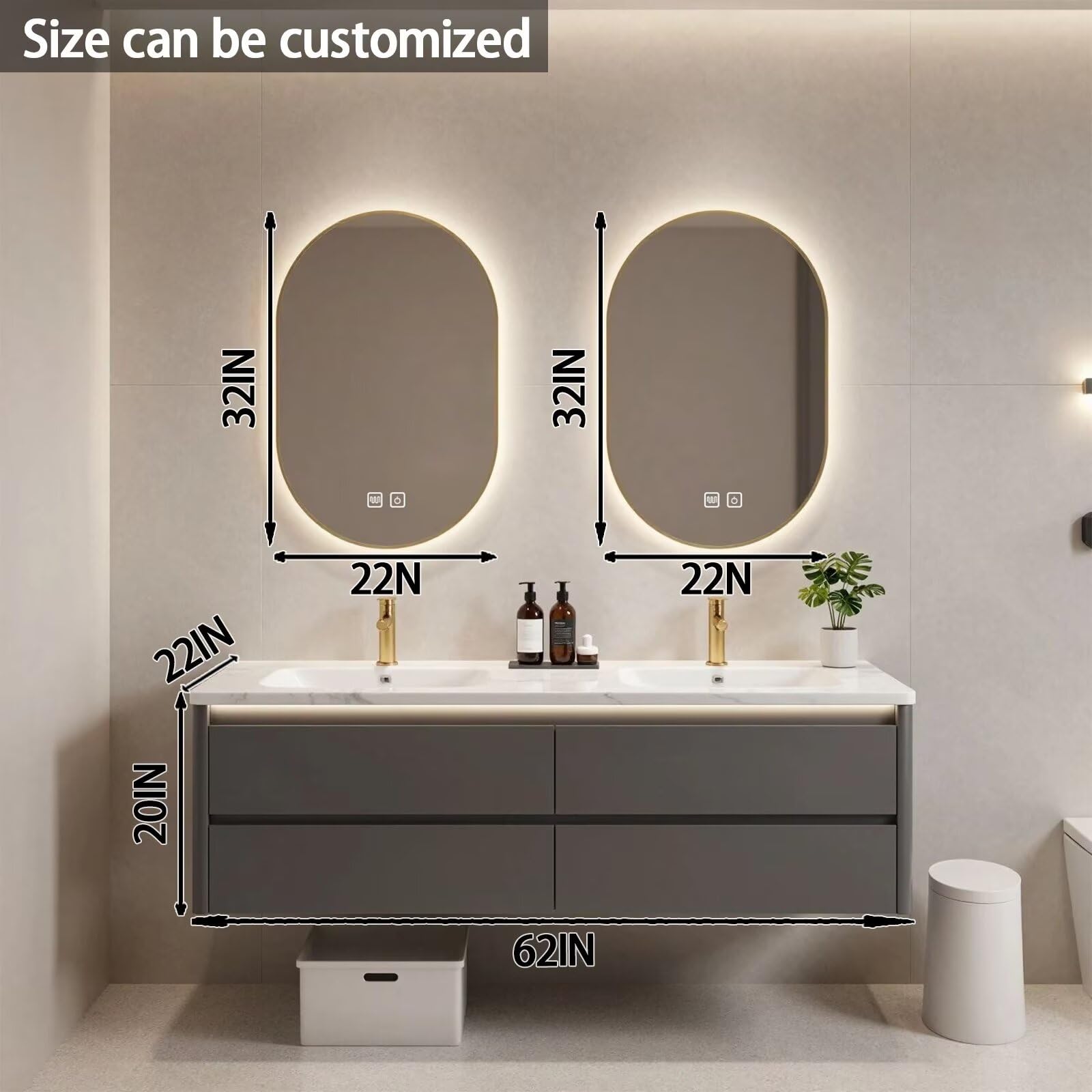 60"-84"Modern Floating Bathroom Vanity Set with LED Mirrors & Gold Handles