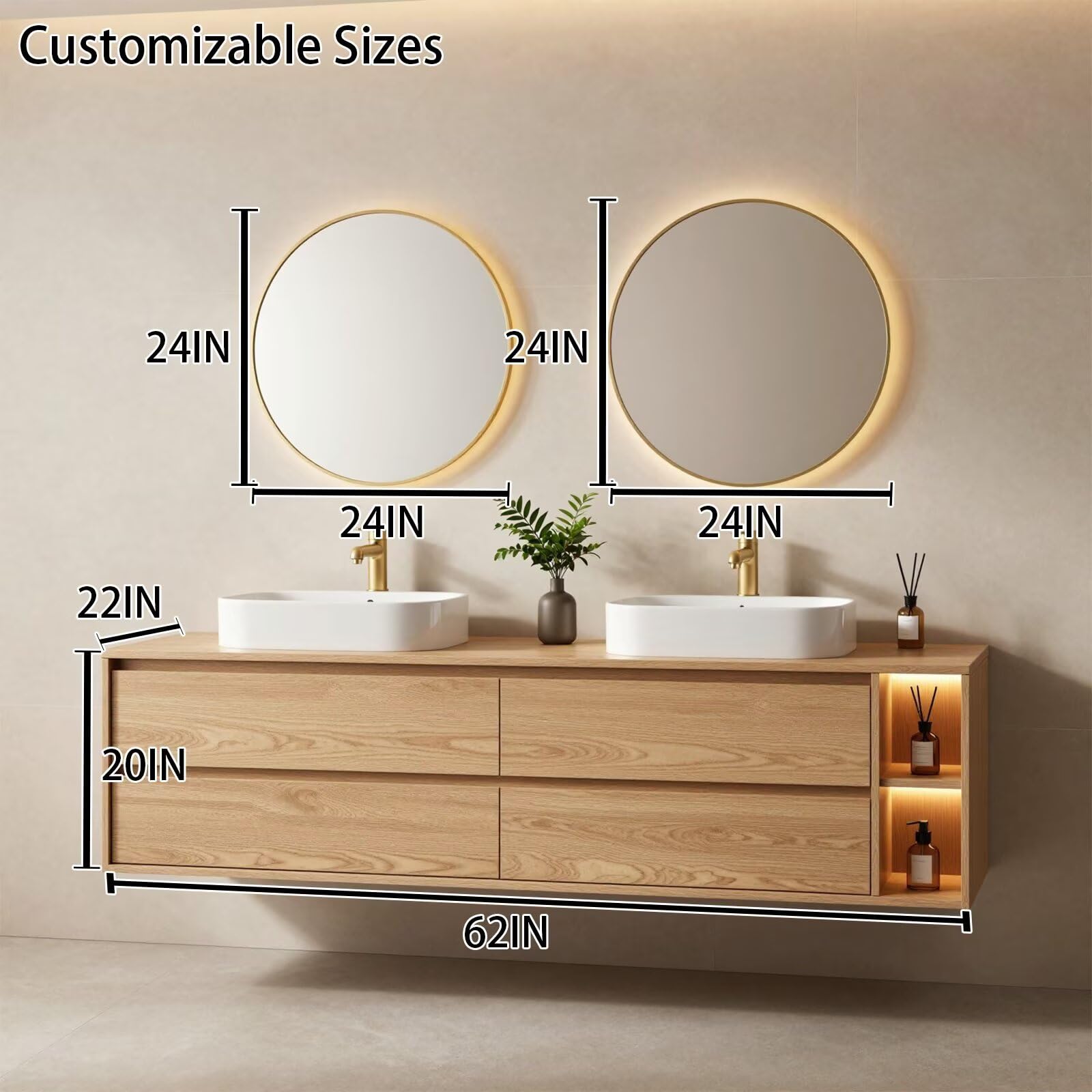 60"-96"Modern Oak Floating Bathroom Vanity with Double Vessel Sinks & LED Side Shelves
