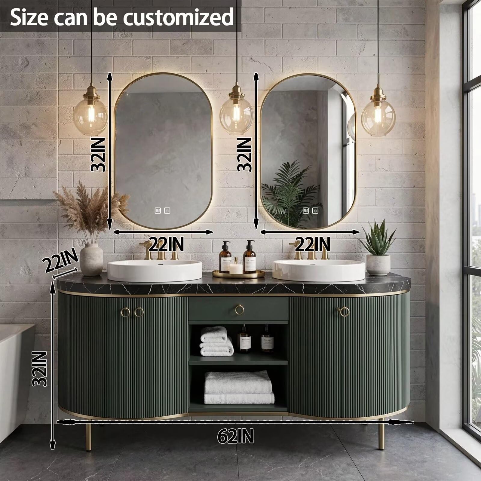 60"-96"Freestanding Green Bathroom Vanity with Double Vessel Sinks & LED Mirrors
