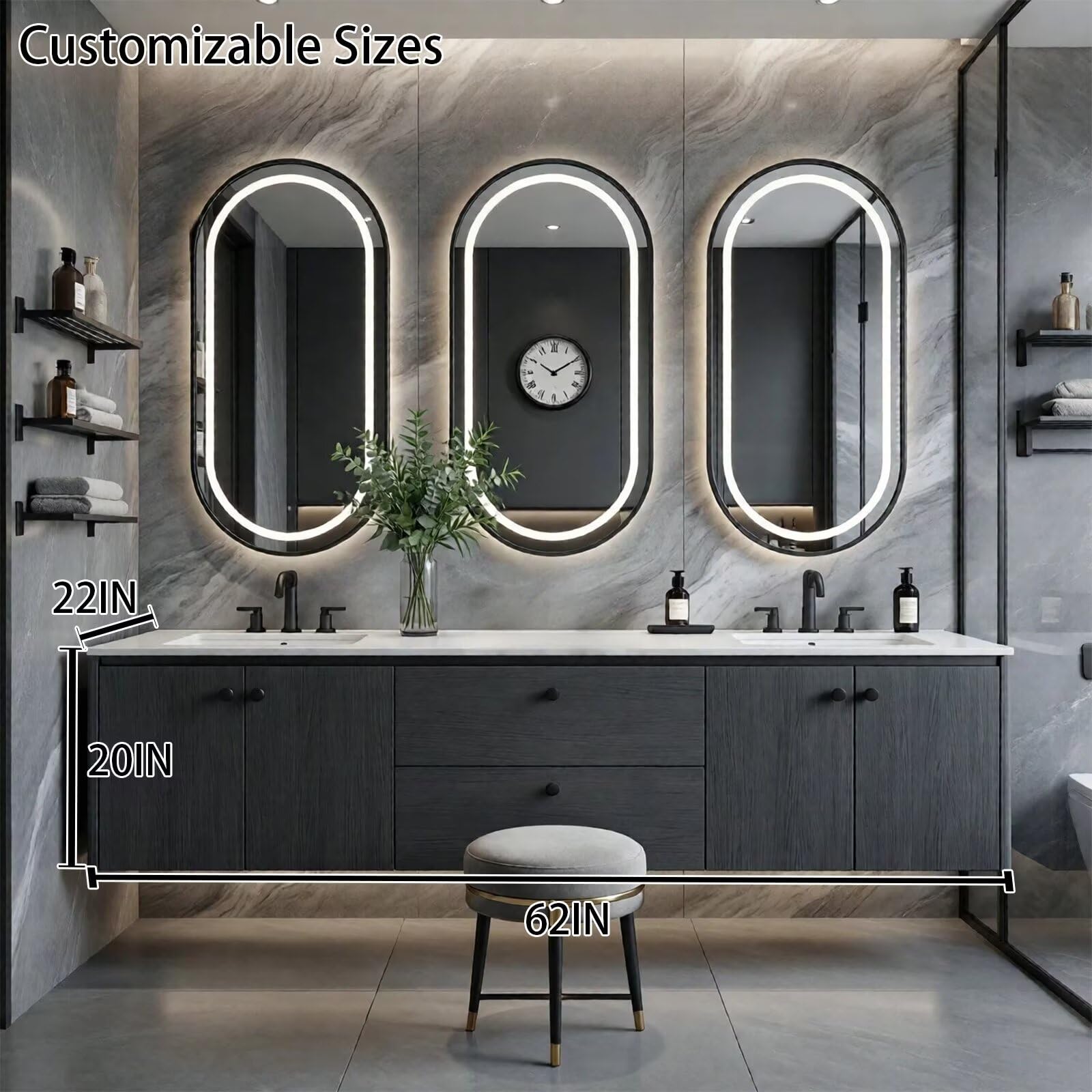 60"-96"Dark Wood Floating Bathroom Vanity with Double Sinks & LED Oval Mirrors